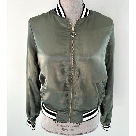 New Look Olive Green Satin Bomber with Striped Ribbed Trim Jacket size Small - Picture 1 of 8